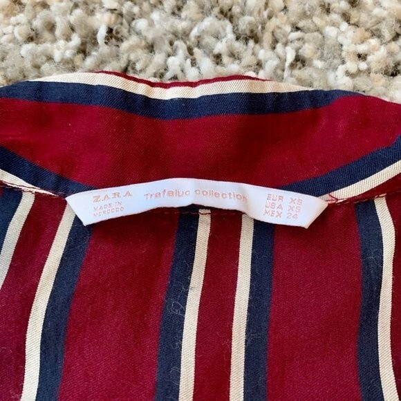 Zara Trafaluc burgundy blouse  Striped Long Sleeve Wrap Hi/Lo top size XS - Picture 8 of 10